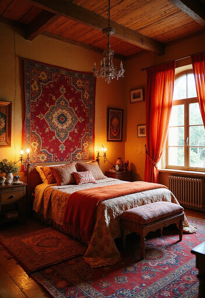 12 Red Bedroom Ideas for Bold Warm Cozy Character - 3. Bohemian Textiles
