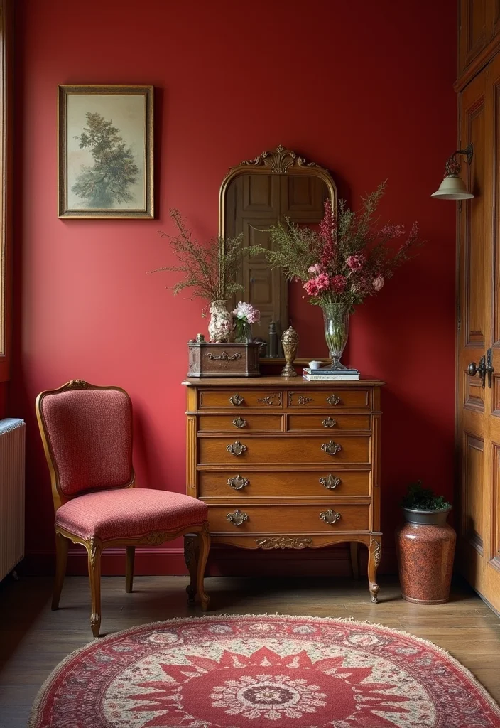 12 Red Bedroom Ideas for Bold Warm Cozy Character - 6. Vintage Furniture Finds