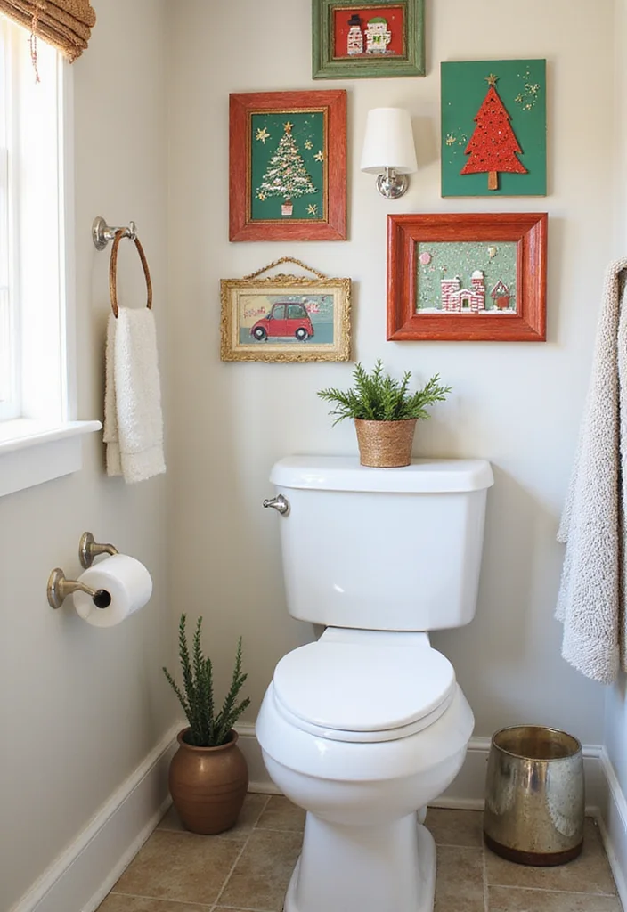 14 Bathroom Christmas Decor Ideas for Festive Cheerful Style - 7. Holiday-Themed Wall Art