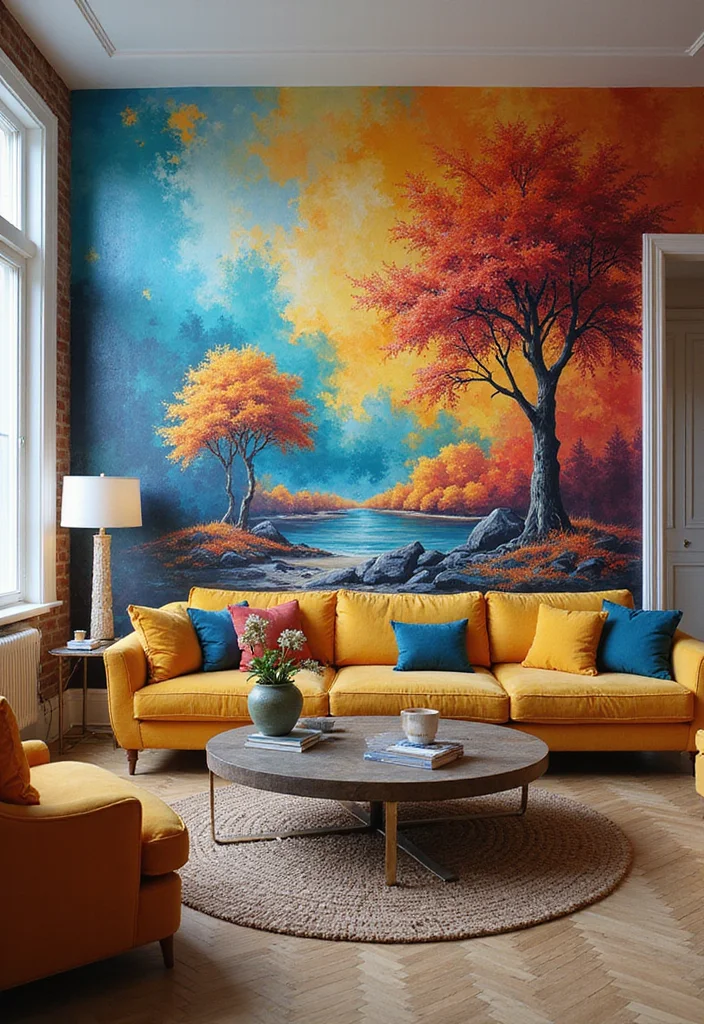 14 Living Room Accent Wall Ideas for Color, Texture, and Depth - 3. Hand-Painted Murals