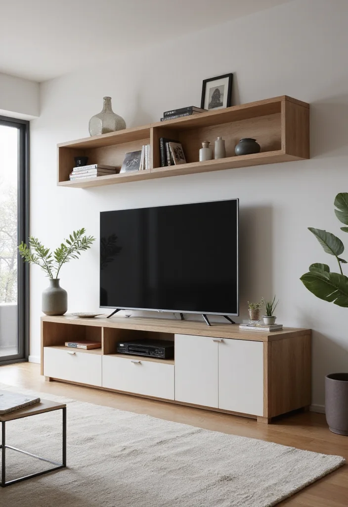 14 Living Room TV Ideas for Clean Stylish Functional Setup - 3. Minimalist TV Stand with Storage