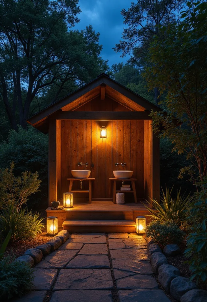 14 Outdoor Bathroom Ideas for Refreshing Natural Open Air Style - 13. Outdoor Lighting Solutions