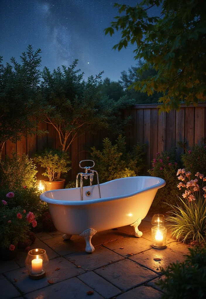 14 Outdoor Bathroom Ideas for Refreshing Natural Open Air Style - 4. Vintage Bathtub Under the Stars
