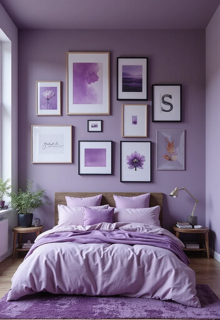 14 Purple Bedroom Ideas for Rich Calm Soft Stylish Color - 12. Incorporating Wall Art