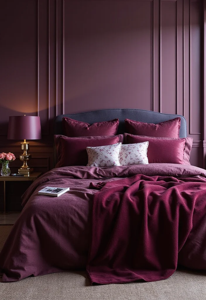 14 Purple Bedroom Ideas for Rich Calm Soft Stylish Color - 2. Deep Plum Accents