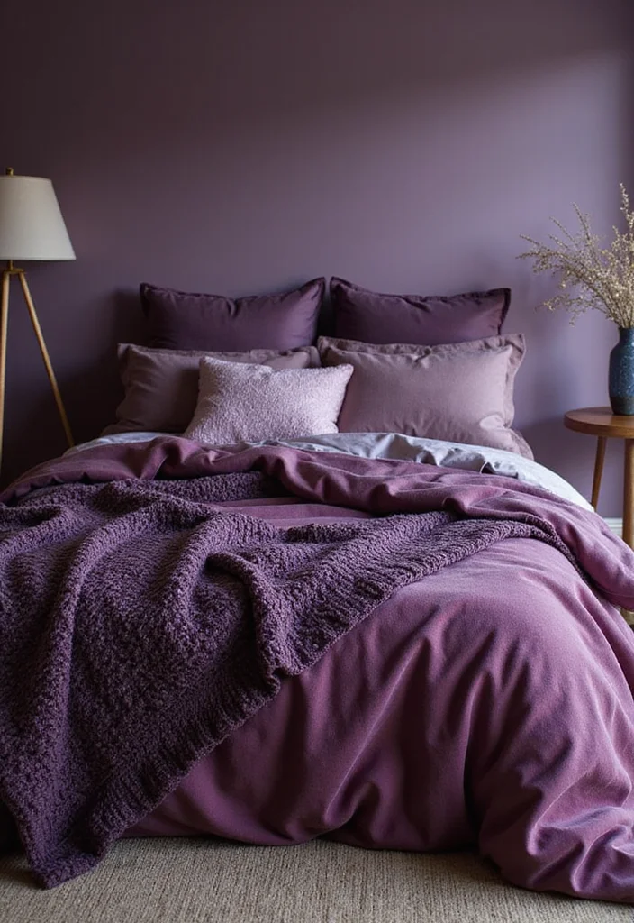 14 Purple Bedroom Ideas for Rich Calm Soft Stylish Color - 3. Textured Fabrics