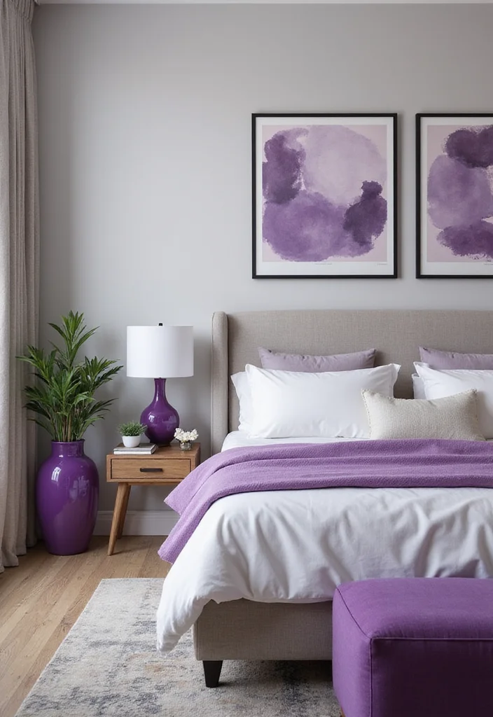 14 Purple Bedroom Ideas for Rich Calm Soft Stylish Color - 5. Purple Decor Accents