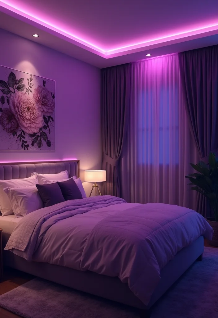 14 Purple Bedroom Ideas for Rich Calm Soft Stylish Color - 7. Creative Lighting Solutions