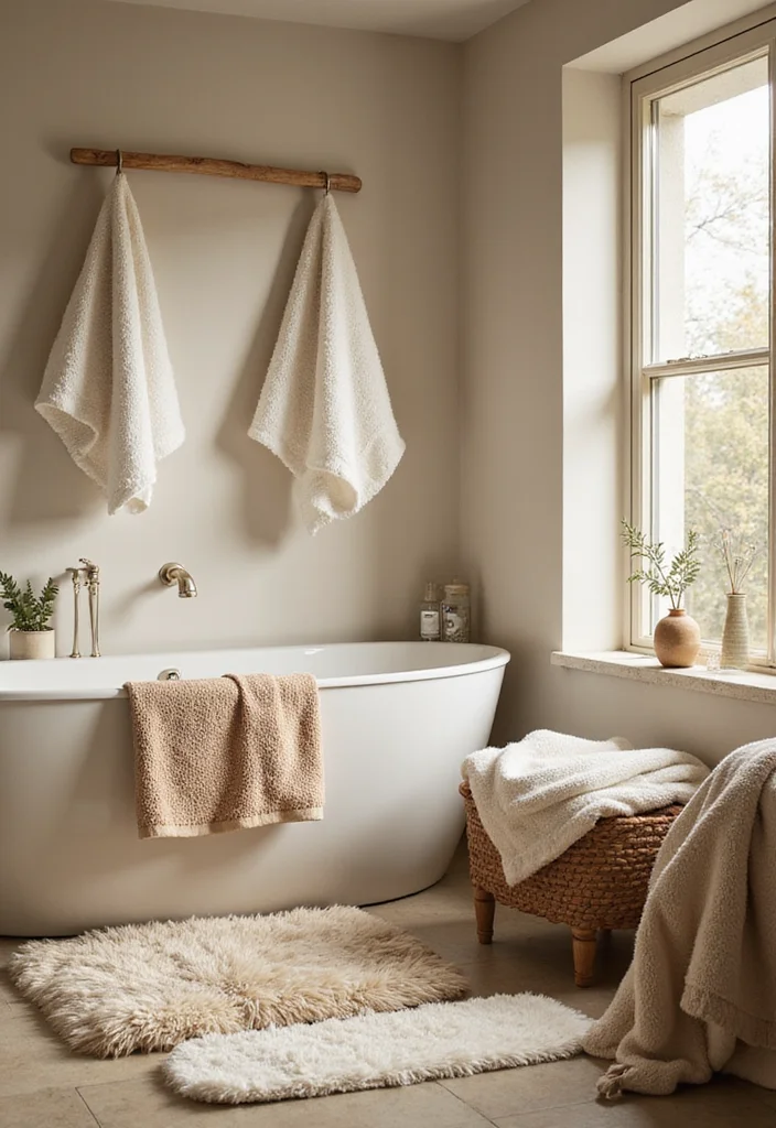 15 Cozy Bathroom Ideas for Warm Relaxing Comfortable Spaces - 3. Soft Textiles for Added Comfort