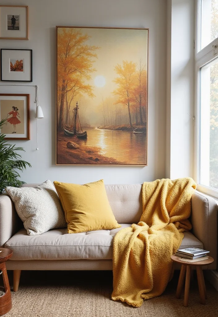 15 Small Cozy Living Room Ideas for Warm Inviting Comfort - 13. Warm Wall Art